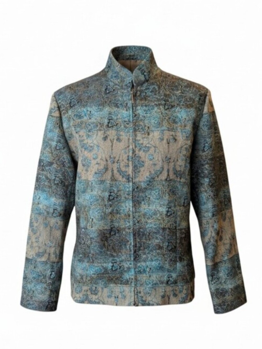 Coldwater Creek Blue/ Beige Patterned Stand-Collar Zip Up Blazer Jacket Sz PM